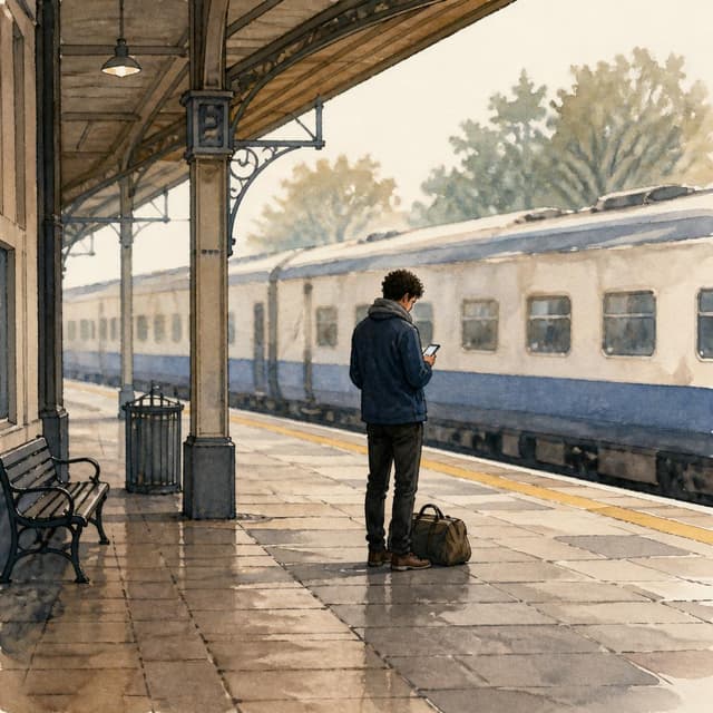 Charming ink and watercolor painting, clean lines, vibrant but soft color palette, storybook style. A photo taken from a distance on a train platform. Far away, a figure stands alone near a train carriage — a man in a chunky cream-colored sweater, looking down at his phone, a small travel bag at his feet. The platform is mostly empty. Blurred train in the background. No faces clearly visible. No readable text
Character consistency instruction: preserve these exact recurring appearance details: Leo: gender: Male; age: 28; skin tone: Warm medium-brown; hair color: Dark brown; hair style: Short and curly; eye color: Dark brown; clothing: Navy blue zip-up jacket and a grey scarf.; other features: Calm, quiet expression. Often glances to the side. Do not add readable text unless the prompt explicitly asks for visible text.