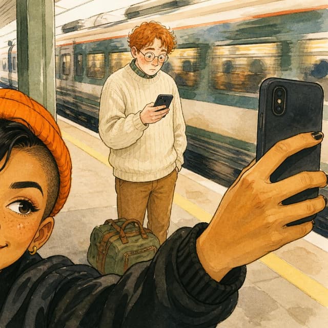 Charming ink and watercolor painting, clean lines, vibrant but soft color palette, storybook style. A selfie taken by a young woman on a train platform — only her hand and the lower edge of an orange beanie are visible at the edge of the frame. The photo is pointed at a man in a cream sweater and round glasses standing a few metres away. He has pale freckled skin and messy red hair. He is looking at his phone, cheeks pink, eyes wide. A small travel bag sits at his feet. Blurred train behind him. No readable text
Character consistency instruction: preserve these exact recurring appearance details: Mia: gender: Female; age: 22; skin tone: Golden-brown; hair color: Black; hair style: Shaved close on one side, longer on top; eye color: Dark brown; clothing: Black bomber jacket, orange knit beanie.; other features: Expressive thick eyebrows. Chipped nail polish. Do not add readable text unless the prompt explicitly asks for visible text.