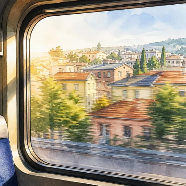 Charming ink and watercolor painting, clean lines, vibrant but soft color palette, storybook style. A photo taken through a train window. Outside, buildings and rooftops move past in a soft blur. Morning light falls across the glass. The window frame is visible at the edges. No faces. No text. Clean, calm, and forward-moving.
