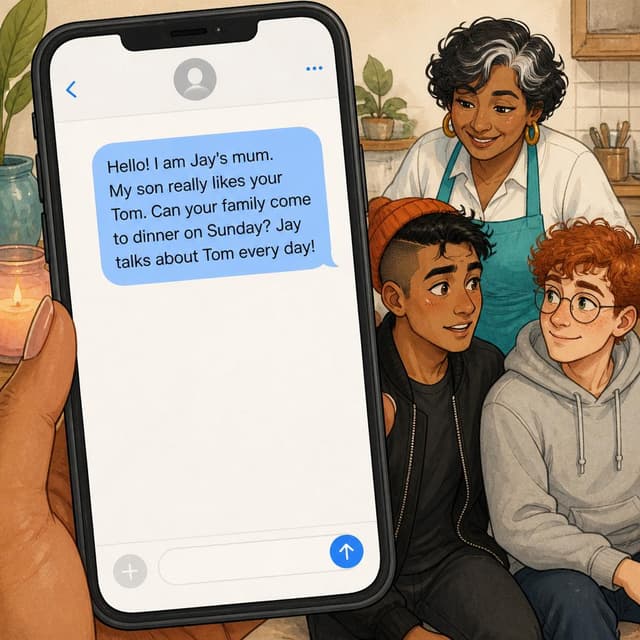 Charming ink and watercolor painting, clean lines, vibrant but soft color palette, storybook style. A screenshot of a phone message sent to a contact. Visible text: 'Hello! I am Jay's mum. My son really likes your Tom. Can your family come to dinner on Sunday? Jay talks about Tom every day!' No other readable text
Character consistency instruction: preserve these exact recurring appearance details: Jay: gender: Male; age: 22; skin tone: Golden-brown; hair color: Black; hair style: Shaved close on one side, longer on top; eye color: Dark brown; clothing: Black bomber jacket over a plain dark shirt, with an orange beanie hat.; other features: Dark brown expressive eyebrows, friendly face with a slightly nervous or flustered energy. Tom: gender: Male; age: 22; skin tone: Light with freckles; hair color: Red; hair style: Short and curly; eye color: Green; clothing: Grey hoodie and casual dark trousers.; other features: Round glasses, warm and easy-going smile. Mum: gender: Female; age: 48; skin tone: Golden-brown; hair color: Black with silver streaks; hair style: Short and curly; eye color: Dark brown; clothing: Bright teal apron worn over a white blouse.; other features: Warm and confident expression, cheerful energy. Do not add readable text unless the prompt explicitly asks for visible text.