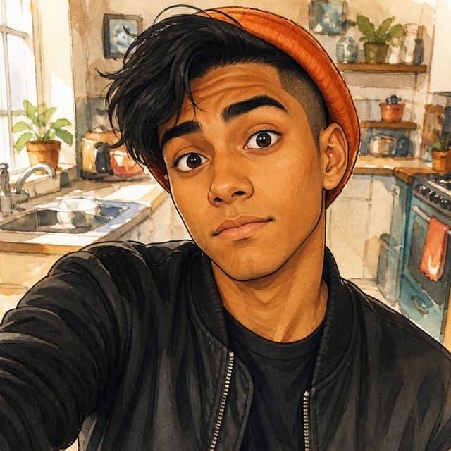 Charming ink and watercolor painting, clean lines, vibrant but soft color palette, storybook style. A selfie of a young man in his early 20s with golden-brown skin, dark brown expressive eyebrows, dark brown eyes, black hair shaved close on one side and longer on top, wearing an orange beanie and a black bomber jacket. He is looking at the camera with a flat, speechless expression — mouth closed, eyebrows raised. He is holding the phone close. Kitchen in the background, slightly blurred
Character consistency instruction: preserve these exact recurring appearance details: Jay: gender: Male; age: 22; skin tone: Golden-brown; hair color: Black; hair style: Shaved close on one side, longer on top; eye color: Dark brown; clothing: Black bomber jacket over a plain dark shirt, with an orange beanie hat.; other features: Dark brown expressive eyebrows, friendly face with a slightly nervous or flustered energy. Do not add readable text unless the prompt explicitly asks for visible text.