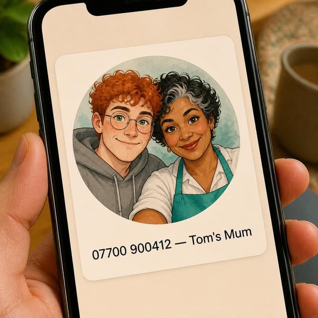 Charming ink and watercolor painting, clean lines, vibrant but soft color palette, storybook style. A close-up photo of a phone screen showing a contact card with a phone number. Visible text: '07700 900412 — Tom's Mum'. No other readable text
Character consistency instruction: preserve these exact recurring appearance details: Tom: gender: Male; age: 22; skin tone: Light with freckles; hair color: Red; hair style: Short and curly; eye color: Green; clothing: Grey hoodie and casual dark trousers.; other features: Round glasses, warm and easy-going smile. Mum: gender: Female; age: 48; skin tone: Golden-brown; hair color: Black with silver streaks; hair style: Short and curly; eye color: Dark brown; clothing: Bright teal apron worn over a white blouse.; other features: Warm and confident expression, cheerful energy. Do not add readable text unless the prompt explicitly asks for visible text.