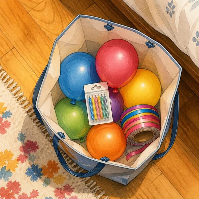 Charming ink and watercolor painting, clean lines, vibrant but soft color palette, storybook style. A close-up photo taken from above of a shopping bag on a bedroom floor. Inside the bag: colorful round balloons, a small packet of candles, and a roll of bright ribbon. Surfaces are clean and unlabeled.