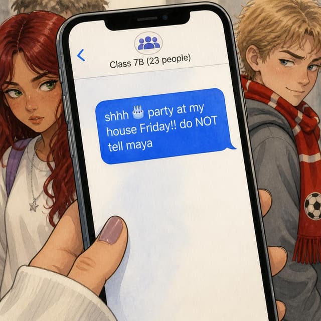 Charming ink and watercolor painting, clean lines, vibrant but soft color palette, storybook style. A close-up of a phone screen showing a chat message in a blue speech bubble. Visible text: "shhh 🎂 party at my house Friday!! do NOT tell maya". The chat name at the top of the screen reads: "Class 7B (23 people)". No other readable text
Character consistency instruction: preserve these exact recurring appearance details: Maya: gender: Female; age: 13; skin tone: Light tan; hair color: Dark red; hair style: Long and wavy.; eye color: Sharp green; clothing: A white oversized jumper.; other features: A small silver star pendant necklace. Leo: gender: Male; age: 13; skin tone: Pale; hair color: Sandy-blond; hair style: Messy and loose; eye color: Blue-gray; clothing: A gray hoodie and a red football scarf wrapped around his neck.; other features: One eyebrow slightly raised, giving him a mischievous expression. Do not add readable text unless the prompt explicitly asks for visible text.