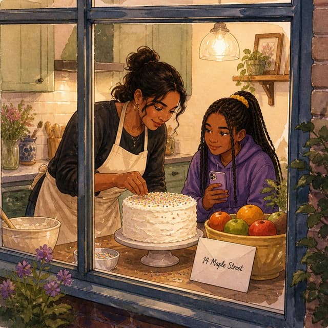 Charming ink and watercolor painting, clean lines, vibrant but soft color palette, storybook style. A photo taken through a window from outside, slightly angled. Inside, a woman in a cream apron leans over a kitchen counter, decorating a round layered birthday cake with white frosting and colourful sprinkles. On the counter beside her, a white envelope is propped against a fruit bowl. Visible text: "14 Maple Street". No other readable text
Character consistency instruction: preserve these exact recurring appearance details: Zara: gender: Female; age: 13; skin tone: Medium brown; hair color: Black; hair style: Long box braids tied back with a yellow scrunchie.; eye color: Bright brown; clothing: A purple hoodie.; other features: Carries her phone frequently; the phone case has a small camera sticker on it. Do not add readable text unless the prompt explicitly asks for visible text.