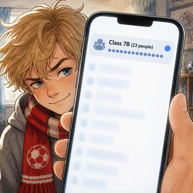 Charming ink and watercolor painting, clean lines, vibrant but soft color palette, storybook style. A close-up of a phone screen showing a group chat notification bar at the top, with the chat name "Class 7B (23 people)" and a preview showing multiple unread message dots stacked one after another, indicating many rapid messages arriving. The screen glow is bright. No other readable text
Character consistency instruction: preserve these exact recurring appearance details: Leo: gender: Male; age: 13; skin tone: Pale; hair color: Sandy-blond; hair style: Messy and loose; eye color: Blue-gray; clothing: A gray hoodie and a red football scarf wrapped around his neck.; other features: One eyebrow slightly raised, giving him a mischievous expression. Do not add readable text unless the prompt explicitly asks for visible text.