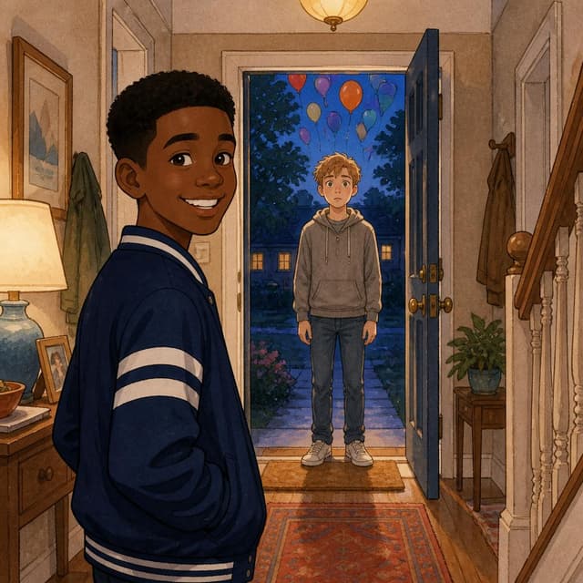 Charming ink and watercolor painting, clean lines, vibrant but soft color palette, storybook style. A photo taken from inside a hallway looking toward a front door. A teen boy with pale skin and sandy-blond hair stands in the open doorway, completely still, arms at his sides, eyes wide. Behind him outside, colourful balloons float up into the evening air. No readable text
Character consistency instruction: preserve these exact recurring appearance details: Omar: gender: Male; age: 13; skin tone: Deep brown; hair color: Black; hair style: Short and neat.; eye color: Dark brown; clothing: A navy blue varsity jacket with white stripes on the sleeves.; other features: A big, easy, friendly smile. Do not add readable text unless the prompt explicitly asks for visible text.