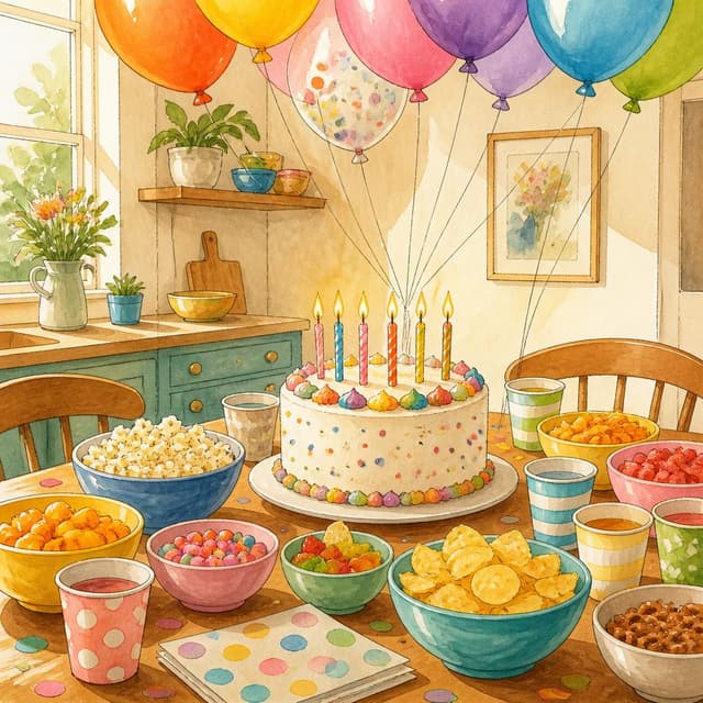 Charming ink and watercolor painting, clean lines, vibrant but soft color palette, storybook style. A photo of a kitchen table covered in snack bowls, paper cups, and a round birthday cake with lit candles on it. Colourful balloons float above the table. The scene is warm and bright. No readable text.