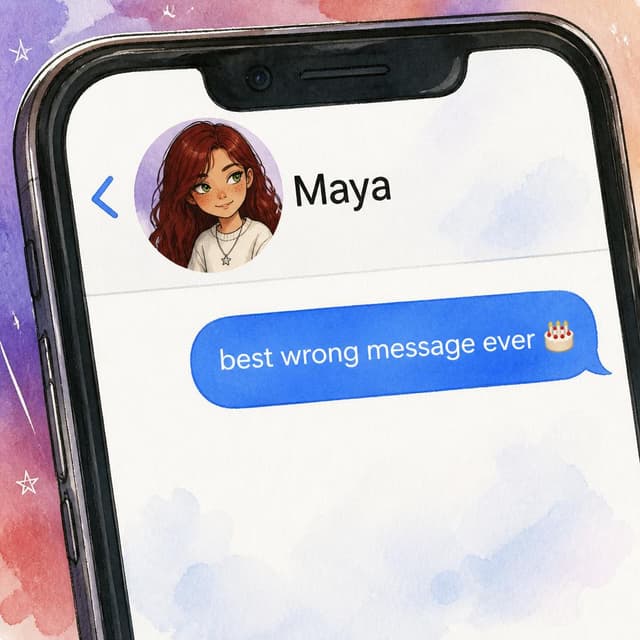 Charming ink and watercolor painting, clean lines, vibrant but soft color palette, storybook style. A close-up of a phone screen showing the top of a chat. The contact name at the top reads: "Maya". Below it, a single text message in a blue bubble is visible: "best wrong message ever 🎂". Visible text: "Maya" and "best wrong message ever 🎂". No other readable text
Character consistency instruction: preserve these exact recurring appearance details: Maya: gender: Female; age: 13; skin tone: Light tan; hair color: Dark red; hair style: Long and wavy.; eye color: Sharp green; clothing: A white oversized jumper.; other features: A small silver star pendant necklace. Do not add readable text unless the prompt explicitly asks for visible text.