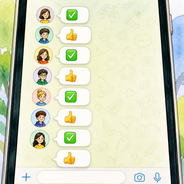 Charming ink and watercolor painting, clean lines, vibrant but soft color palette, storybook style. A close-up screenshot of a group chat showing a list of green tick emoji and thumbs-up emoji replies stacked one after another, with small round avatar circles beside each reply. No readable names or text — just the visual pattern of many fast replies. No other readable text.