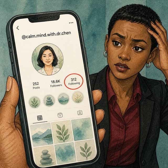 Charming ink and watercolor painting, storybook style. A phone screen showing an Instagram profile for '@calm.mind.with.dr.chen'. The profile picture is a serene middle-aged East Asian woman. The 'Following' count of 312 is circled in red ink. The background is a soft teal
Character consistency instruction: preserve these exact recurring appearance details: Zara: gender: Female; age: 28; skin tone: Deep brown; hair color: Black; hair style: Closely cropped pixie cut; eye color: Dark brown; clothing: A burgundy work shirt under a structured black jacket and small silver hoop earrings.; other features: Confident but slightly frazzled facial expression. Do not add readable text unless the prompt explicitly asks for visible text.