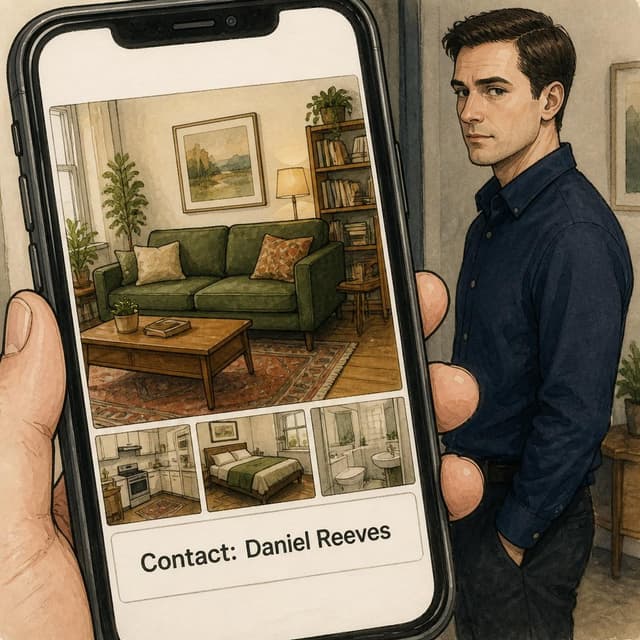 Charming ink and watercolor painting, storybook style. A close-up of a phone screen showing a rental listing. A photo of a cozy living room with a green sofa is visible. The text 'Contact: Daniel Reeves' is clearly shown at the bottom
Character consistency instruction: preserve these exact recurring appearance details: Daniel: gender: Male; age: 38; skin tone: Pale; hair color: Dark brown; hair style: Short and neat; eye color: Brown; clothing: A navy-blue collared button-down shirt and dark trousers.; other features: Sharp eyes and a calm, guarded expression. Do not add readable text unless the prompt explicitly asks for visible text.