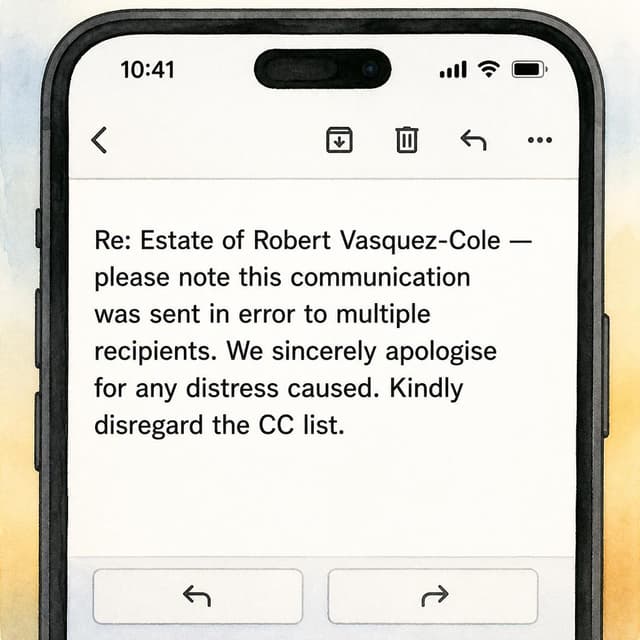 Charming ink and watercolor painting, clean lines, vibrant but soft color palette, storybook style. A phone screenshot of an email. The email is open on screen. Visible text: "Re: Estate of Robert Vasquez-Cole — please note this communication was sent in error to multiple recipients. We sincerely apologise for any distress caused. Kindly disregard the CC list." No other readable text.