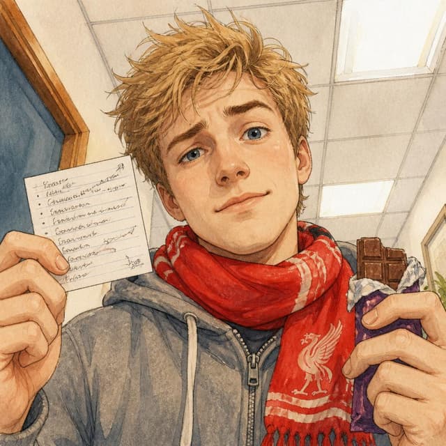 Charming ink and watercolor painting, clean lines, vibrant but soft color palette, storybook style. A close-up phone selfie taken from below, showing a young man with pale skin, messy sandy-blond hair, blue-gray eyes, and one eyebrow slightly raised. He wears a red football scarf and gray hoodie. In one hand he holds a small handwritten index card with notes on it, and in the other hand a chocolate bar. He has a nervous but slightly confident half-smile. Office corridor background, soft fluorescent lighting
Character consistency instruction: preserve these exact recurring appearance details: Jamie: gender: Male; age: 19; skin tone: Pale; hair color: Sandy-blond; hair style: Messy and tousled; eye color: Blue-gray; clothing: A gray zip-up hoodie and a red football scarf wrapped around his neck.; other features: One eyebrow is slightly raised, creating a permanently surprised expression. Do not add readable text unless the prompt explicitly asks for visible text.