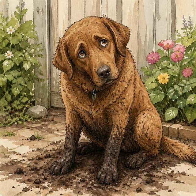 Charming ink and watercolor painting, clean lines, vibrant but soft color palette, storybook style. A photo of a large brown muddy dog with a guilty expression, sitting near a garden fence, paws visibly dirty with dark soil, looking up at the camera sheepishly. No other readable text
Chat attachment instruction: Generate exactly one in-world chat attachment, not a collage, split-screen, comic panel, flashback, or explanatory scene. If the prompt is a screenshot, phone screen, document, note, card, map, receipt, label, object photo, or photo someone took, frame that artifact directly. A name appearing in visible text or in 'photo taken by X' is not an instruction to draw that person. Do not show recurring story participants as visible people unless the prompt itself explicitly says they are visible. Keep unrequested people, faces, and bodies out of the image.