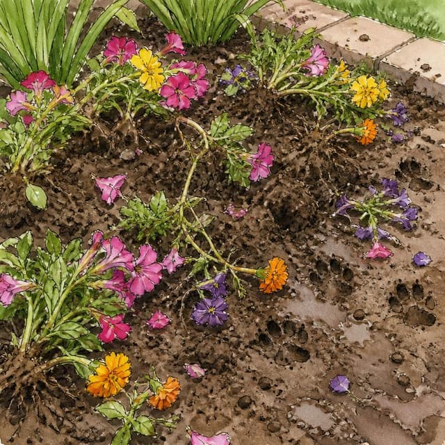 Charming ink and watercolor painting, clean lines, vibrant but soft color palette, storybook style. A close-up photo of a flower bed completely ruined — soil dug up, colorful flowers scattered and flattened, muddy paw prints visible on the ground. No visible dog. No other readable text
Chat attachment instruction: Generate exactly one in-world chat attachment, not a collage, split-screen, comic panel, flashback, or explanatory scene. If the prompt is a screenshot, phone screen, document, note, card, map, receipt, label, object photo, or photo someone took, frame that artifact directly. A name appearing in visible text or in 'photo taken by X' is not an instruction to draw that person. Do not show recurring story participants as visible people unless the prompt itself explicitly says they are visible. Keep unrequested people, faces, and bodies out of the image.