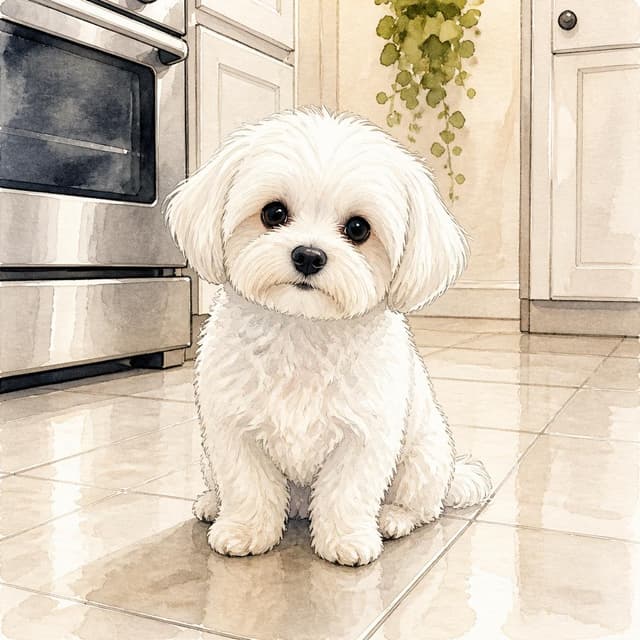 Charming ink and watercolor painting, clean lines, vibrant but soft color palette, storybook style. A photo of a very small white fluffy dog sitting calmly on a clean kitchen tile floor, looking innocent and tidy, no mud on paws. No other readable text
Chat attachment instruction: Generate exactly one in-world chat attachment, not a collage, split-screen, comic panel, flashback, or explanatory scene. If the prompt is a screenshot, phone screen, document, note, card, map, receipt, label, object photo, or photo someone took, frame that artifact directly. A name appearing in visible text or in 'photo taken by X' is not an instruction to draw that person. Do not show recurring story participants as visible people unless the prompt itself explicitly says they are visible. Keep unrequested people, faces, and bodies out of the image.