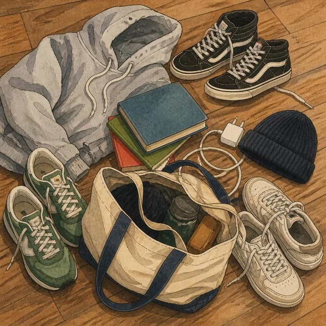 Charming ink and watercolor painting, clean lines, vibrant but soft color palette, storybook style. A photo taken from above of a messy pile of belongings on a wooden floor: a grey hoodie, several sneakers, a phone charger, some books, a beanie hat, and a half-packed canvas bag. No other readable text
Chat attachment instruction: Generate exactly one in-world chat attachment, not a collage, split-screen, comic panel, flashback, or explanatory scene. If the prompt is a screenshot, phone screen, document, note, card, map, receipt, label, object photo, or photo someone took, frame that artifact directly. A name appearing in visible text or in 'photo taken by X' is not an instruction to draw that person. Do not show recurring story participants as visible people unless the prompt itself explicitly says they are visible. Keep unrequested people, faces, and bodies out of the image.