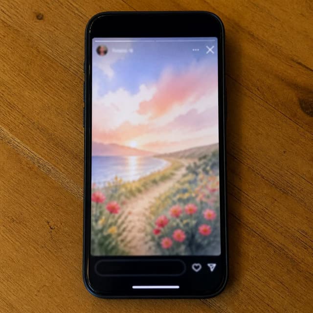 Charming ink and watercolor painting, clean lines, vibrant but soft color palette, storybook style. A close-up photo of a phone screen taken from directly above, showing the Instagram app open on a story page. The screen shows small menu icons but the interface is blurry and unclear. No other readable text
Chat attachment instruction: Generate exactly one in-world chat attachment, not a collage, split-screen, comic panel, flashback, or explanatory scene. If the prompt is a screenshot, phone screen, document, note, card, map, receipt, label, object photo, or photo someone took, frame that artifact directly. A name appearing in visible text or in 'photo taken by X' is not an instruction to draw that person. Do not show recurring story participants as visible people unless the prompt itself explicitly says they are visible. Keep unrequested people, faces, and bodies out of the image.