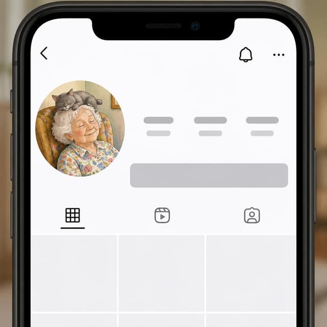 Charming ink and watercolor painting, clean lines, vibrant but soft color palette, storybook style. A phone screen screenshot of a new Instagram profile page. The profile photo is a small round thumbnail showing a 72-year-old woman with short wavy white hair sleeping in an armchair with a grey cat sitting on her head. No other readable text
Character consistency instruction: preserve these exact recurring appearance details: Mamie Josette: gender: Female; age: 72; skin tone: Fair rosy; hair color: White; hair style: Short and wavy; eye color: Kind blue; clothing: A floral patterned blouse.; other features: Has a cheerful, innocent expression and is often accompanied by her cat.
Chat attachment instruction: Generate exactly one in-world chat attachment, not a collage, split-screen, comic panel, flashback, or explanatory scene. If the prompt is a screenshot, phone screen, document, note, card, map, receipt, label, object photo, or photo someone took, frame that artifact directly. A name appearing in visible text or in 'photo taken by X' is not an instruction to draw that person. Recurring story participants explicitly allowed as visible people: Mamie Josette. Do not add any other recurring participant as a visible person. Keep unrequested people, faces, and bodies out of the image. Do not add readable text unless the prompt explicitly asks for visible text.