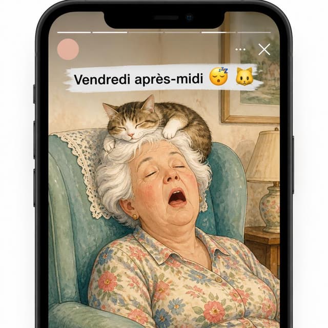 Charming ink and watercolor painting, clean lines, vibrant but soft color palette, storybook style. A phone screen screenshot of an Instagram story. The story shows a 72-year-old woman with short wavy white hair and a floral blouse, asleep in a large armchair with her mouth wide open and a cat sitting on her head. Visible text: "Vendredi après-midi 😴🐱". No other readable text
Character consistency instruction: preserve these exact recurring appearance details: Mamie Josette: gender: Female; age: 72; skin tone: Fair rosy; hair color: White; hair style: Short and wavy; eye color: Kind blue; clothing: A floral patterned blouse.; other features: Has a cheerful, innocent expression and is often accompanied by her cat.
Chat attachment instruction: Generate exactly one in-world chat attachment, not a collage, split-screen, comic panel, flashback, or explanatory scene. If the prompt is a screenshot, phone screen, document, note, card, map, receipt, label, object photo, or photo someone took, frame that artifact directly. A name appearing in visible text or in 'photo taken by X' is not an instruction to draw that person. Recurring story participants explicitly allowed as visible people: Mamie Josette. Do not add any other recurring participant as a visible person. Keep unrequested people, faces, and bodies out of the image. Do not add readable text unless the prompt explicitly asks for visible text.
