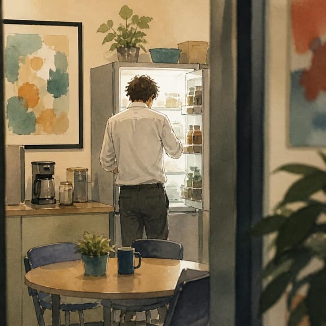 Charming ink and watercolor painting, clean lines, vibrant but soft color palette, storybook style. A slightly blurry candid office photo taken from across a small break room, showing a man with messy dark brown hair and a rumpled white office shirt standing at an open fridge, his back to the camera. The fridge interior glows white. No faces are visible clearly. No readable text in the image
Chat attachment instruction: Generate exactly one in-world chat attachment, not a collage, split-screen, comic panel, flashback, or explanatory scene. If the prompt is a screenshot, phone screen, document, note, card, map, receipt, label, object photo, or photo someone took, frame that artifact directly. A name appearing in visible text or in 'photo taken by X' is not an instruction to draw that person. Do not show recurring story participants as visible people unless the prompt itself explicitly says they are visible. Keep unrequested people, faces, and bodies out of the image.