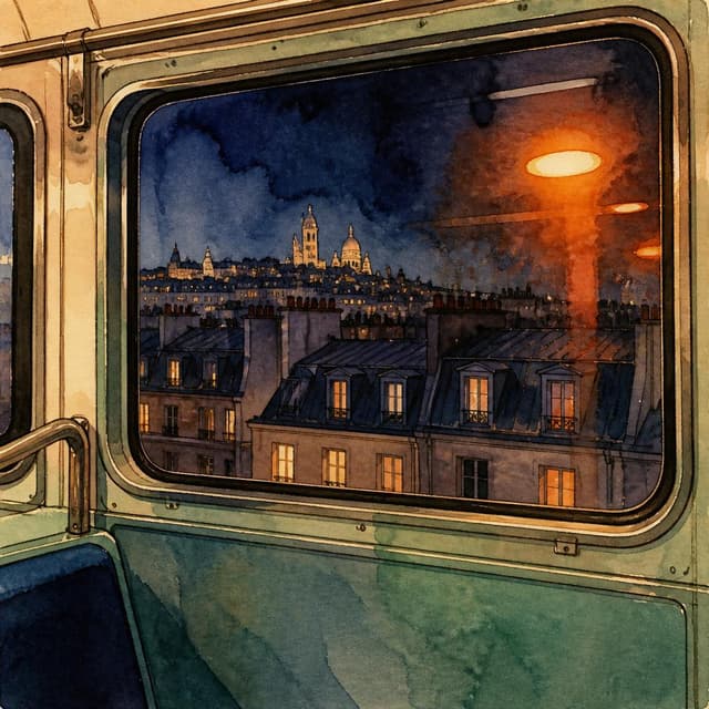 Charming ink and watercolor painting, clean lines, vibrant but soft color palette, storybook style. A smartphone photo taken from inside a late-night Paris metro carriage through the window, showing the illuminated city rooftops and a blurry orange street light reflection on the glass. No people visible. No other readable text
Chat attachment instruction: Generate exactly one in-world chat attachment, not a collage, split-screen, comic panel, flashback, or explanatory scene. If the prompt is a screenshot, phone screen, document, note, card, map, receipt, label, object photo, or photo someone took, frame that artifact directly. A name appearing in visible text or in 'photo taken by X' is not an instruction to draw that person. Do not show recurring story participants as visible people unless the prompt itself explicitly says they are visible. Keep unrequested people, faces, and bodies out of the image.