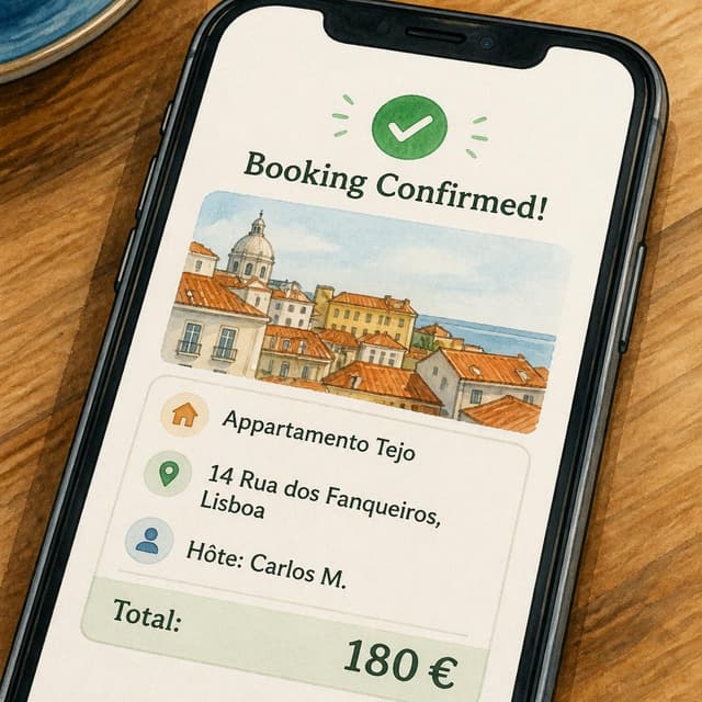 Charming ink and watercolor painting, clean lines, vibrant but soft color palette, storybook style. A close-up of a smartphone screen showing a booking confirmation. Visible text: "Appartamento Tejo — 14 Rua dos Fanqueiros, Lisboa — Hôte: Carlos M. — Total: 180 €"
Chat attachment instruction: Generate exactly one in-world chat attachment, not a collage, split-screen, comic panel, flashback, or explanatory scene. If the prompt is a screenshot, phone screen, document, note, card, map, receipt, label, object photo, or photo someone took, frame that artifact directly. A name appearing in visible text or in 'photo taken by X' is not an instruction to draw that person. Do not show recurring story participants as visible people unless the prompt itself explicitly says they are visible. Keep unrequested people, faces, and bodies out of the image.