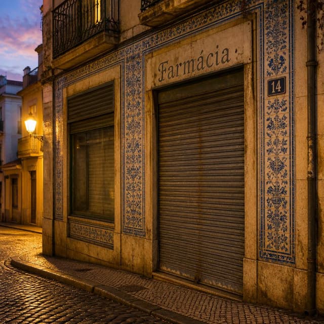 Charming ink and watercolor painting, clean lines, vibrant but soft color palette, storybook style. A photo taken from street level on a Lisbon cobblestone street at dusk. The building facade shows a shuttered pharmacy with metal security shutters pulled down, old blue-and-white azulejo tiles around the door frame, dusty windows, a faded sign. The building number is visible on the wall. Visible text: "14" and "Farmácia". No other readable text
Chat attachment instruction: Generate exactly one in-world chat attachment, not a collage, split-screen, comic panel, flashback, or explanatory scene. If the prompt is a screenshot, phone screen, document, note, card, map, receipt, label, object photo, or photo someone took, frame that artifact directly. A name appearing in visible text or in 'photo taken by X' is not an instruction to draw that person. Do not show recurring story participants as visible people unless the prompt itself explicitly says they are visible. Keep unrequested people, faces, and bodies out of the image.