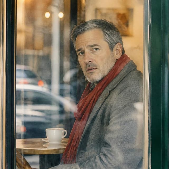Charming ink and watercolor painting, clean lines, vibrant but soft color palette, storybook style. A blurry photo taken quickly through a café window, showing a man with short salt-and-pepper hair wearing a grey wool coat and a loose red scarf, sitting at a small round café table with a white coffee cup, seen from outside through the glass
Character consistency instruction: preserve these exact recurring appearance details: Papa: gender: Male; age: 48; skin tone: Light; hair color: Salt-and-pepper; hair style: Short and neat; eye color: Grey-blue; clothing: A grey wool coat and a loose red scarf.; other features: Subtle stubble on his face, caught off guard and uneasy expression.
Chat attachment instruction: Generate exactly one in-world chat attachment, not a collage, split-screen, comic panel, flashback, or explanatory scene. If the prompt is a screenshot, phone screen, document, note, card, map, receipt, label, object photo, or photo someone took, frame that artifact directly. A name appearing in visible text or in 'photo taken by X' is not an instruction to draw that person. Recurring story participants explicitly allowed as visible people: Papa. Do not add any other recurring participant as a visible person. Keep unrequested people, faces, and bodies out of the image. Do not add readable text unless the prompt explicitly asks for visible text.