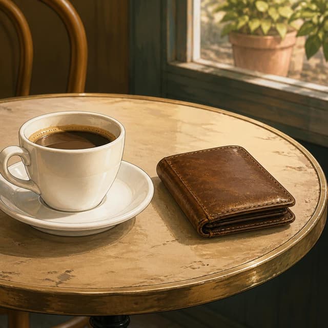 Charming ink and watercolor painting, clean lines, vibrant but soft color palette, storybook style. A close-up photo of a small round café table with one white coffee cup and a worn brown leather wallet placed beside it on the table surface
Character consistency instruction: preserve these exact recurring appearance details: Léa: gender: Female; age: 16; skin tone: Light olive; hair color: Dark brown; hair style: Shoulder-length, tucked behind one ear; eye color: Warm brown; clothing: A mustard yellow hoodie.; other features: Wide-eyed and startled expression, mouth slightly open in surprise.
Chat attachment instruction: Generate exactly one in-world chat attachment, not a collage, split-screen, comic panel, flashback, or explanatory scene. If the prompt is a screenshot, phone screen, document, note, card, map, receipt, label, object photo, or photo someone took, frame that artifact directly. A name appearing in visible text or in 'photo taken by X' is not an instruction to draw that person. Do not show recurring story participants as visible people unless the prompt itself explicitly says they are visible. Keep unrequested people, faces, and bodies out of the image. Do not add readable text unless the prompt explicitly asks for visible text.