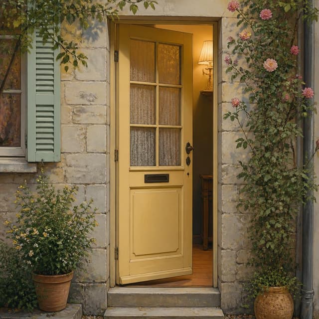 Charming ink and watercolor painting, clean lines, vibrant but soft color palette, storybook style. A photo of a pale yellow front door of a small French village house, slightly ajar, warm light visible inside
Character consistency instruction: preserve these exact recurring appearance details: Léa: gender: Female; age: 16; skin tone: Light olive; hair color: Dark brown; hair style: Shoulder-length, tucked behind one ear; eye color: Warm brown; clothing: A mustard yellow hoodie.; other features: Wide-eyed and startled expression, mouth slightly open in surprise.
Chat attachment instruction: Generate exactly one in-world chat attachment, not a collage, split-screen, comic panel, flashback, or explanatory scene. If the prompt is a screenshot, phone screen, document, note, card, map, receipt, label, object photo, or photo someone took, frame that artifact directly. A name appearing in visible text or in 'photo taken by X' is not an instruction to draw that person. Do not show recurring story participants as visible people unless the prompt itself explicitly says they are visible. Keep unrequested people, faces, and bodies out of the image. Do not add readable text unless the prompt explicitly asks for visible text.