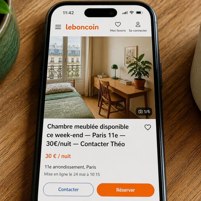 Charming ink and watercolor painting, clean lines, vibrant but soft color palette, storybook style. A smartphone screen showing a French classified ad on Leboncoin. The listing shows a cozy bedroom with a wooden desk and a green plant. Visible text: 'Chambre meublée disponible ce week-end — Paris 11e — 30€/nuit — Contacter Théo'
Chat attachment instruction: Generate exactly one in-world chat attachment, not a collage, split-screen, comic panel, flashback, or explanatory scene. If the prompt is a screenshot, phone screen, document, note, card, map, receipt, label, object photo, or photo someone took, frame that artifact directly. A name appearing in visible text or in 'photo taken by X' is not an instruction to draw that person. Do not show recurring story participants as visible people unless the prompt itself explicitly says they are visible. Keep unrequested people, faces, and bodies out of the image.