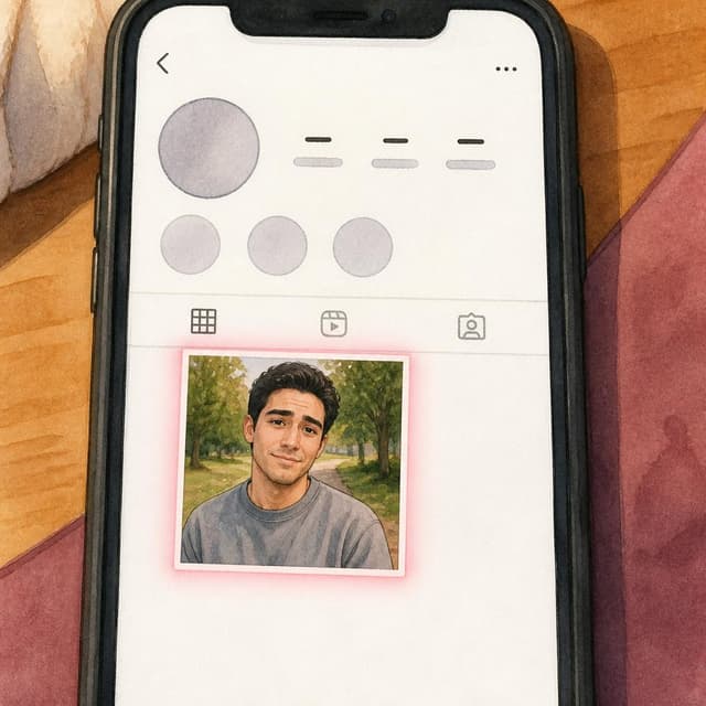 Charming ink and watercolor painting, clean lines, vibrant but soft color palette, storybook style. A phone screen showing an Instagram profile page with a single square photo highlighted in a soft pink glow — a casual outdoor photo of a young man with short dark hair, olive skin, wearing a plain grey sweatshirt, smiling slightly in a park setting. No readable text
Character consistency instruction: preserve these exact recurring appearance details: Lucas: gender: Male; age: 24; skin tone: Olive; hair color: Dark; hair style: Short and pushed back; eye color: Dark; clothing: A plain grey crew-neck sweatshirt.; other features: Calm but slightly uncertain expression with a self-conscious half-smile.
Chat attachment instruction: Generate exactly one in-world chat attachment, not a collage, split-screen, comic panel, flashback, or explanatory scene. If the prompt is a screenshot, phone screen, document, note, card, map, receipt, label, object photo, or photo someone took, frame that artifact directly. A name appearing in visible text or in 'photo taken by X' is not an instruction to draw that person. Recurring story participants explicitly allowed as visible people: Lucas. Do not add any other recurring participant as a visible person. Keep unrequested people, faces, and bodies out of the image. Do not add readable text unless the prompt explicitly asks for visible text.