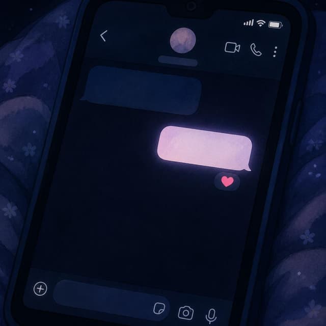 Charming ink and watercolor painting, clean lines, vibrant but soft color palette, storybook style. A close view of a phone screen at night showing a chat conversation with a single short message glowing softly on the screen. A small pink heart emoji reaction is visible beneath one of the chat bubbles. No readable text
Chat attachment instruction: Generate exactly one in-world chat attachment, not a collage, split-screen, comic panel, flashback, or explanatory scene. If the prompt is a screenshot, phone screen, document, note, card, map, receipt, label, object photo, or photo someone took, frame that artifact directly. A name appearing in visible text or in 'photo taken by X' is not an instruction to draw that person. Do not show recurring story participants as visible people unless the prompt itself explicitly says they are visible. Keep unrequested people, faces, and bodies out of the image.