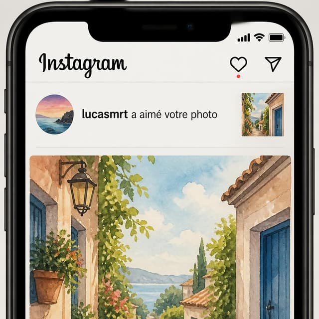 Charming ink and watercolor painting, clean lines, vibrant but soft color palette, storybook style. A phone screen screenshot of an Instagram post showing a like notification. Visible text: "lucasmrt a aimé votre photo". No other readable text
Chat attachment instruction: Generate exactly one in-world chat attachment, not a collage, split-screen, comic panel, flashback, or explanatory scene. If the prompt is a screenshot, phone screen, document, note, card, map, receipt, label, object photo, or photo someone took, frame that artifact directly. A name appearing in visible text or in 'photo taken by X' is not an instruction to draw that person. Do not show recurring story participants as visible people unless the prompt itself explicitly says they are visible. Keep unrequested people, faces, and bodies out of the image.