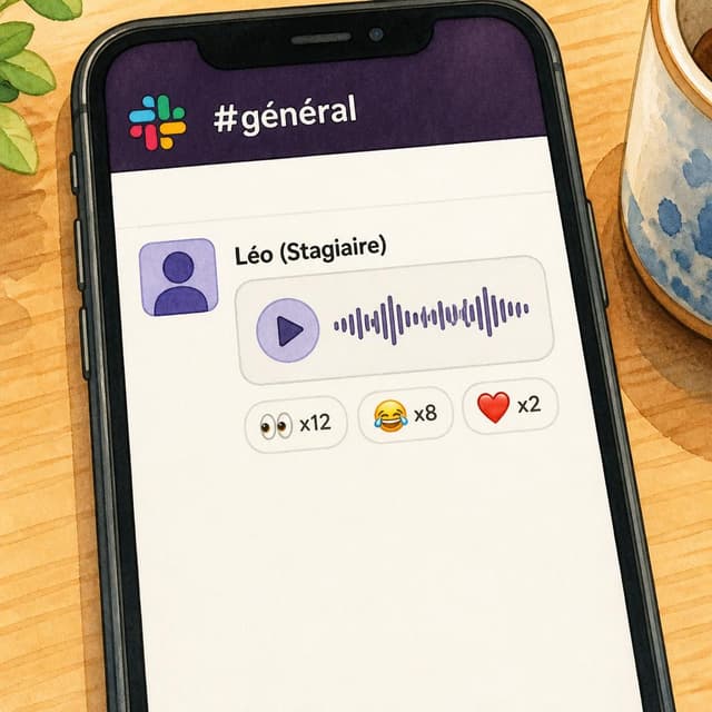 Charming ink and watercolor painting, clean lines, vibrant but soft color palette, storybook style. A phone screen showing a Slack channel interface called #général. A voice note message is visible, sent by a user named 'Léo (Stagiaire)', with a play button and waveform. Below it, three bubble reactions are visible: 👀 x12, 😂 x8, ❤️ x2. Visible text: "#général" and "Léo (Stagiaire)". No other readable text
Chat attachment instruction: Generate exactly one in-world chat attachment, not a collage, split-screen, comic panel, flashback, or explanatory scene. If the prompt is a screenshot, phone screen, document, note, card, map, receipt, label, object photo, or photo someone took, frame that artifact directly. A name appearing in visible text or in 'photo taken by X' is not an instruction to draw that person. Do not show recurring story participants as visible people unless the prompt itself explicitly says they are visible. Keep unrequested people, faces, and bodies out of the image.