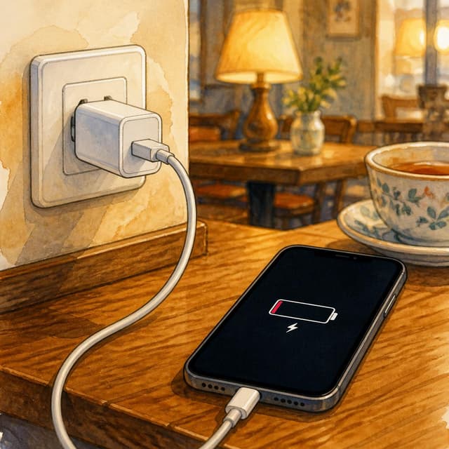 Charming ink and watercolor painting, clean lines, vibrant but soft color palette, storybook style. A close-up photo of a small white phone charger plugged into a wall socket inside a warm cozy café, a nearly dead phone connected to it showing a charging icon on a dark screen, soft warm lamplight in the background, a cup of tea blurred beside it. No readable text
Chat attachment instruction: Generate exactly one in-world chat attachment, not a collage, split-screen, comic panel, flashback, or explanatory scene. If the prompt is a screenshot, phone screen, document, note, card, map, receipt, label, object photo, or photo someone took, frame that artifact directly. A name appearing in visible text or in 'photo taken by X' is not an instruction to draw that person. Do not show recurring story participants as visible people unless the prompt itself explicitly says they are visible. Keep unrequested people, faces, and bodies out of the image.