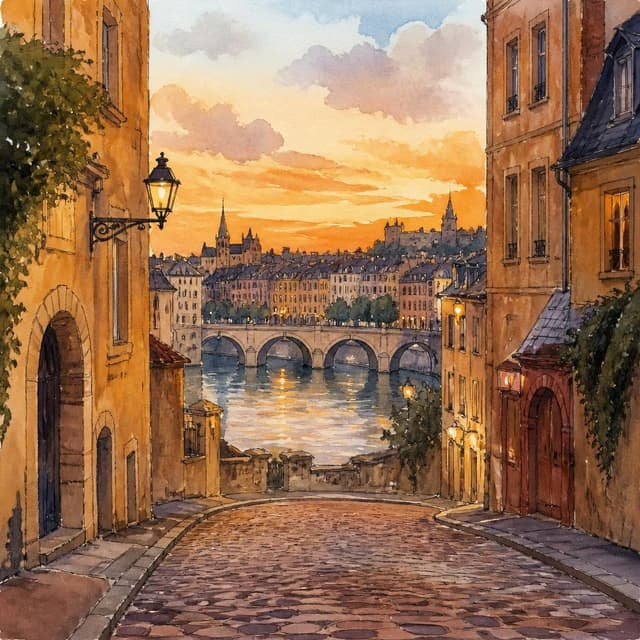 Charming ink and watercolor painting, clean lines, vibrant but soft color palette, storybook style. A photo taken by hand from street level showing a wide cobblestone street in Lyon at dusk, a stone bridge visible in the background over a river, old golden-stone buildings on both sides, soft orange evening light, no people visible, slightly blurry as if taken in a hurry. No readable text
Chat attachment instruction: Generate exactly one in-world chat attachment, not a collage, split-screen, comic panel, flashback, or explanatory scene. If the prompt is a screenshot, phone screen, document, note, card, map, receipt, label, object photo, or photo someone took, frame that artifact directly. A name appearing in visible text or in 'photo taken by X' is not an instruction to draw that person. Do not show recurring story participants as visible people unless the prompt itself explicitly says they are visible. Keep unrequested people, faces, and bodies out of the image.