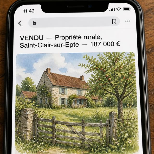Charming ink and watercolor painting, clean lines, vibrant but soft color palette, storybook style. A phone screen screenshot of a French real estate listing webpage showing a rustic stone farmhouse with a red-tiled roof, surrounded by tall grass and old apple trees, a worn wooden gate in the foreground. Visible text: "VENDU — Propriété rurale, Saint-Clair-sur-Epte — 187 000 €". No other readable text
Chat attachment instruction: Generate exactly one in-world chat attachment, not a collage, split-screen, comic panel, flashback, or explanatory scene. If the prompt is a screenshot, phone screen, document, note, card, map, receipt, label, object photo, or photo someone took, frame that artifact directly. A name appearing in visible text or in 'photo taken by X' is not an instruction to draw that person. Do not show recurring story participants as visible people unless the prompt itself explicitly says they are visible. Keep unrequested people, faces, and bodies out of the image.