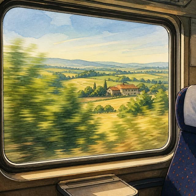 Charming ink and watercolor painting, clean lines, vibrant but soft color palette, storybook style. A phone photo taken through a train window, showing a blurred green and golden French countryside passing by at speed — rolling fields, a farmhouse roof in the distance, early morning pale blue sky. No readable text
Chat attachment instruction: Generate exactly one in-world chat attachment, not a collage, split-screen, comic panel, flashback, or explanatory scene. If the prompt is a screenshot, phone screen, document, note, card, map, receipt, label, object photo, or photo someone took, frame that artifact directly. A name appearing in visible text or in 'photo taken by X' is not an instruction to draw that person. Do not show recurring story participants as visible people unless the prompt itself explicitly says they are visible. Keep unrequested people, faces, and bodies out of the image.