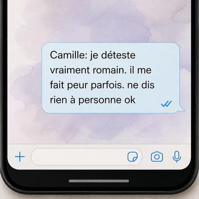 Charming ink and watercolor painting, clean lines, vibrant but soft color palette, storybook style. A phone screen screenshot showing a chat conversation. Visible text: "Camille: je déteste vraiment romain. il me fait peur parfois. ne dis rien à personne ok" followed by a blue checkmark showing the message was forwarded. No other readable text
Chat attachment instruction: Generate exactly one in-world chat attachment, not a collage, split-screen, comic panel, flashback, or explanatory scene. If the prompt is a screenshot, phone screen, document, note, card, map, receipt, label, object photo, or photo someone took, frame that artifact directly. A name appearing in visible text or in 'photo taken by X' is not an instruction to draw that person. Do not show recurring story participants as visible people unless the prompt itself explicitly says they are visible. Keep unrequested people, faces, and bodies out of the image.