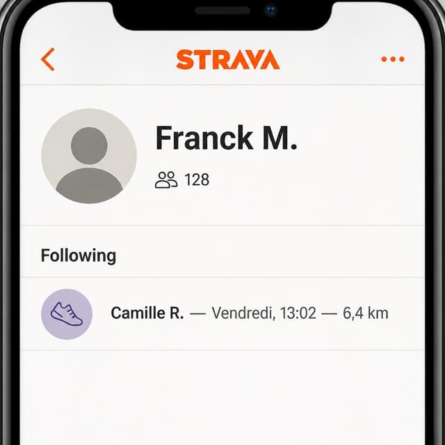 Charming ink and watercolor painting, clean lines, vibrant but soft color palette, storybook style. A close-up screenshot of a Strava mobile profile page for a user named 'Franck M.' showing a small neutral avatar, a follower count, and a 'Following' list partially visible. Visible text: "Franck M." and "Camille R. — Vendredi, 13:02 — 6,4 km". No other readable text
Chat attachment instruction: Generate exactly one in-world chat attachment, not a collage, split-screen, comic panel, flashback, or explanatory scene. If the prompt is a screenshot, phone screen, document, note, card, map, receipt, label, object photo, or photo someone took, frame that artifact directly. A name appearing in visible text or in 'photo taken by X' is not an instruction to draw that person. Do not show recurring story participants as visible people unless the prompt itself explicitly says they are visible. Keep unrequested people, faces, and bodies out of the image.