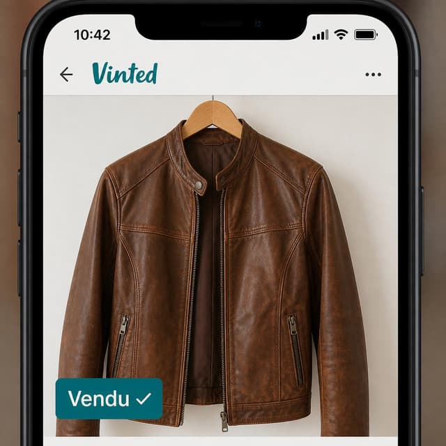 Charming ink and watercolor painting, clean lines, vibrant but soft color palette, storybook style. A phone screen screenshot of a Vinted product listing showing a sold status badge on the listing for the brown leather jacket. Visible text: "Vendu ✓". No other readable text
Chat attachment instruction: Generate exactly one in-world chat attachment, not a collage, split-screen, comic panel, flashback, or explanatory scene. If the prompt is a screenshot, phone screen, document, note, card, map, receipt, label, object photo, or photo someone took, frame that artifact directly. A name appearing in visible text or in 'photo taken by X' is not an instruction to draw that person. Do not show recurring story participants as visible people unless the prompt itself explicitly says they are visible. Keep unrequested people, faces, and bodies out of the image.