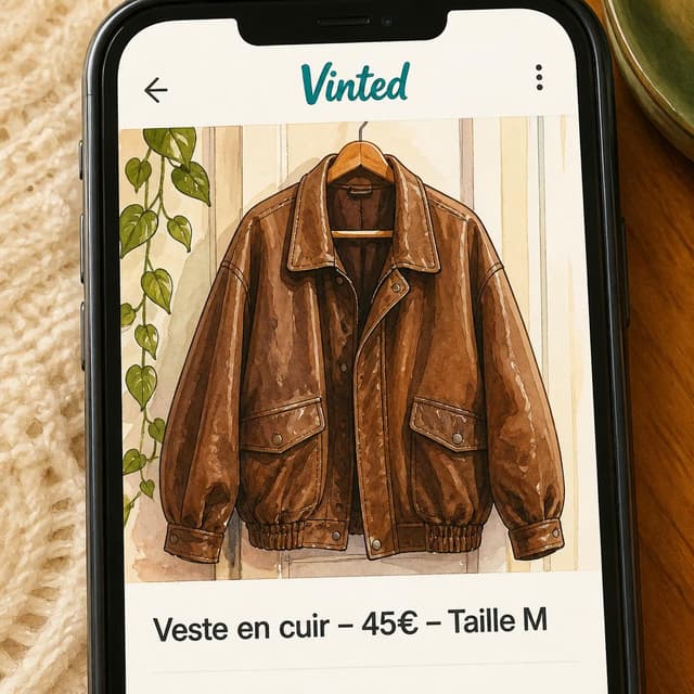 Charming ink and watercolor painting, clean lines, vibrant but soft color palette, storybook style. A phone screen screenshot of a Vinted product listing. A stylish oversized brown leather jacket is shown in the product photo. Visible text: "Veste en cuir – 45€ – Taille M". No other readable text
Chat attachment instruction: Generate exactly one in-world chat attachment, not a collage, split-screen, comic panel, flashback, or explanatory scene. If the prompt is a screenshot, phone screen, document, note, card, map, receipt, label, object photo, or photo someone took, frame that artifact directly. A name appearing in visible text or in 'photo taken by X' is not an instruction to draw that person. Do not show recurring story participants as visible people unless the prompt itself explicitly says they are visible. Keep unrequested people, faces, and bodies out of the image.