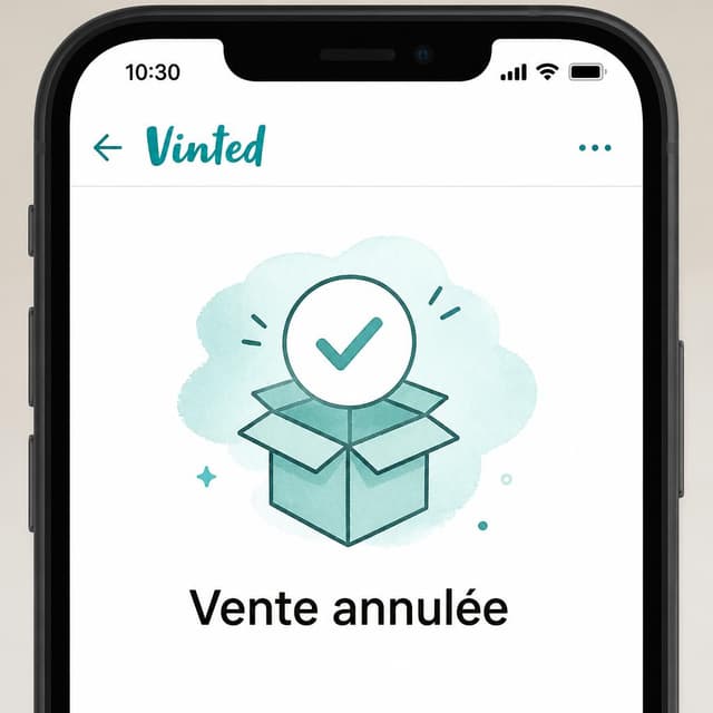 Charming ink and watercolor painting, clean lines, vibrant but soft color palette, storybook style. A phone screen screenshot of a Vinted order page showing a cancellation confirmation message. Visible text: "Vente annulée". No other readable text
Chat attachment instruction: Generate exactly one in-world chat attachment, not a collage, split-screen, comic panel, flashback, or explanatory scene. If the prompt is a screenshot, phone screen, document, note, card, map, receipt, label, object photo, or photo someone took, frame that artifact directly. A name appearing in visible text or in 'photo taken by X' is not an instruction to draw that person. Do not show recurring story participants as visible people unless the prompt itself explicitly says they are visible. Keep unrequested people, faces, and bodies out of the image.