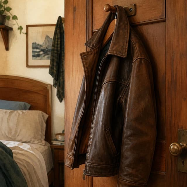 Charming ink and watercolor painting, clean lines, vibrant but soft color palette, storybook style. A close-up photo of a stylish oversized brown leather jacket hanging on a wooden door hook in a small bedroom. The jacket looks well-loved and personal. No people visible. No readable text on any surfaces
Chat attachment instruction: Generate exactly one in-world chat attachment, not a collage, split-screen, comic panel, flashback, or explanatory scene. If the prompt is a screenshot, phone screen, document, note, card, map, receipt, label, object photo, or photo someone took, frame that artifact directly. A name appearing in visible text or in 'photo taken by X' is not an instruction to draw that person. Do not show recurring story participants as visible people unless the prompt itself explicitly says they are visible. Keep unrequested people, faces, and bodies out of the image.