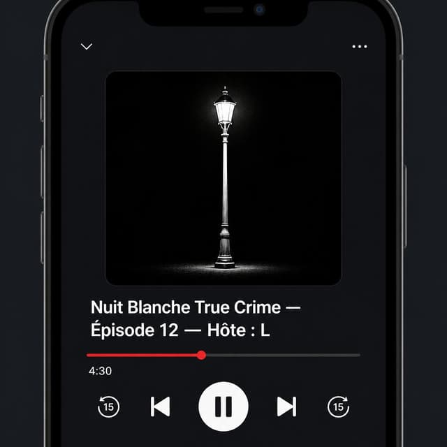 Charming ink and watercolor painting, clean lines, vibrant but soft color palette, storybook style. A phone screenshot of a podcast app showing episode 12 of a show called 'Nuit Blanche True Crime', hosted by 'L', with a dark minimalist cover — a single white streetlamp on a black background. A red scrubber bar is paused at 4:30. Visible text: "Nuit Blanche True Crime — Épisode 12 — Hôte : L". No other readable text
Chat attachment instruction: Generate exactly one in-world chat attachment, not a collage, split-screen, comic panel, flashback, or explanatory scene. If the prompt is a screenshot, phone screen, document, note, card, map, receipt, label, object photo, or photo someone took, frame that artifact directly. A name appearing in visible text or in 'photo taken by X' is not an instruction to draw that person. Do not show recurring story participants as visible people unless the prompt itself explicitly says they are visible. Keep unrequested people, faces, and bodies out of the image.