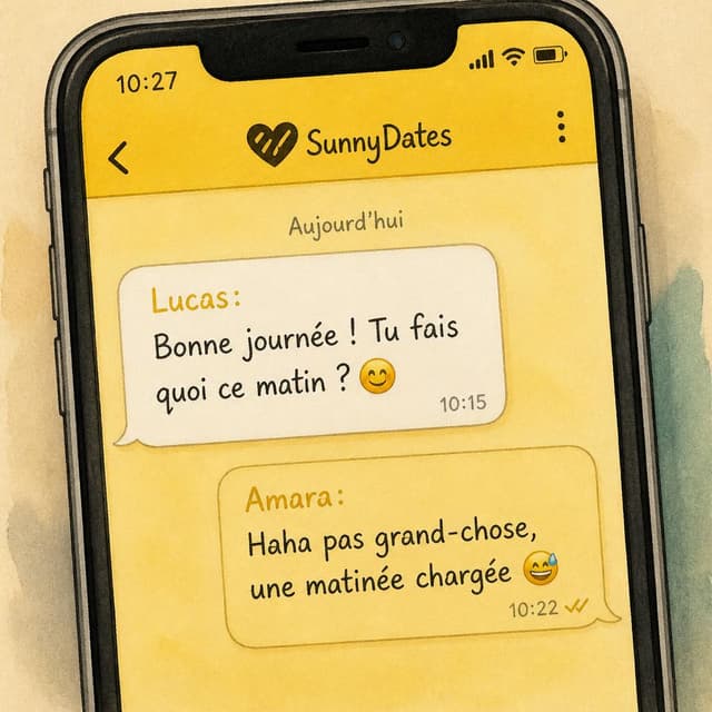Charming ink and watercolor painting, storybook style. A close-up of a smartphone screen showing a dating app chat. The interface is yellow. Text bubbles show: 'Lucas: Bonne journée ! Tu fais quoi ce matin ? 😊' and 'Amara: Haha pas grand-chose, une matinée chargée 😅'
Chat attachment instruction: Generate exactly one in-world chat attachment, not a collage, split-screen, comic panel, flashback, or explanatory scene. If the prompt is a screenshot, phone screen, document, note, card, map, receipt, label, object photo, or photo someone took, frame that artifact directly. A name appearing in visible text or in 'photo taken by X' is not an instruction to draw that person. Do not show recurring story participants as visible people unless the prompt itself explicitly says they are visible. Keep unrequested people, faces, and bodies out of the image.