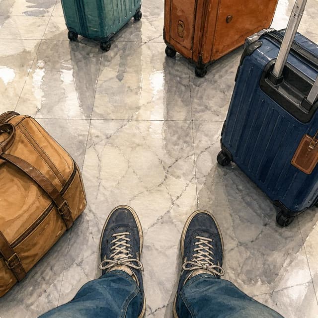 Charming ink and watercolor painting, clean lines, vibrant but soft color palette, storybook style. A photo taken from a young man's perspective looking down at the floor of a busy French train station. His worn navy blue sneakers are visible at the bottom of the frame. The station floor is pale grey marble with faint reflections of overhead lights. No readable text
Chat attachment instruction: Generate exactly one in-world chat attachment, not a collage, split-screen, comic panel, flashback, or explanatory scene. If the prompt is a screenshot, phone screen, document, note, card, map, receipt, label, object photo, or photo someone took, frame that artifact directly. A name appearing in visible text or in 'photo taken by X' is not an instruction to draw that person. Do not show recurring story participants as visible people unless the prompt itself explicitly says they are visible. Keep unrequested people, faces, and bodies out of the image.